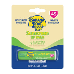 Banana Boat SPF lip balm front view provides portable lip protection.