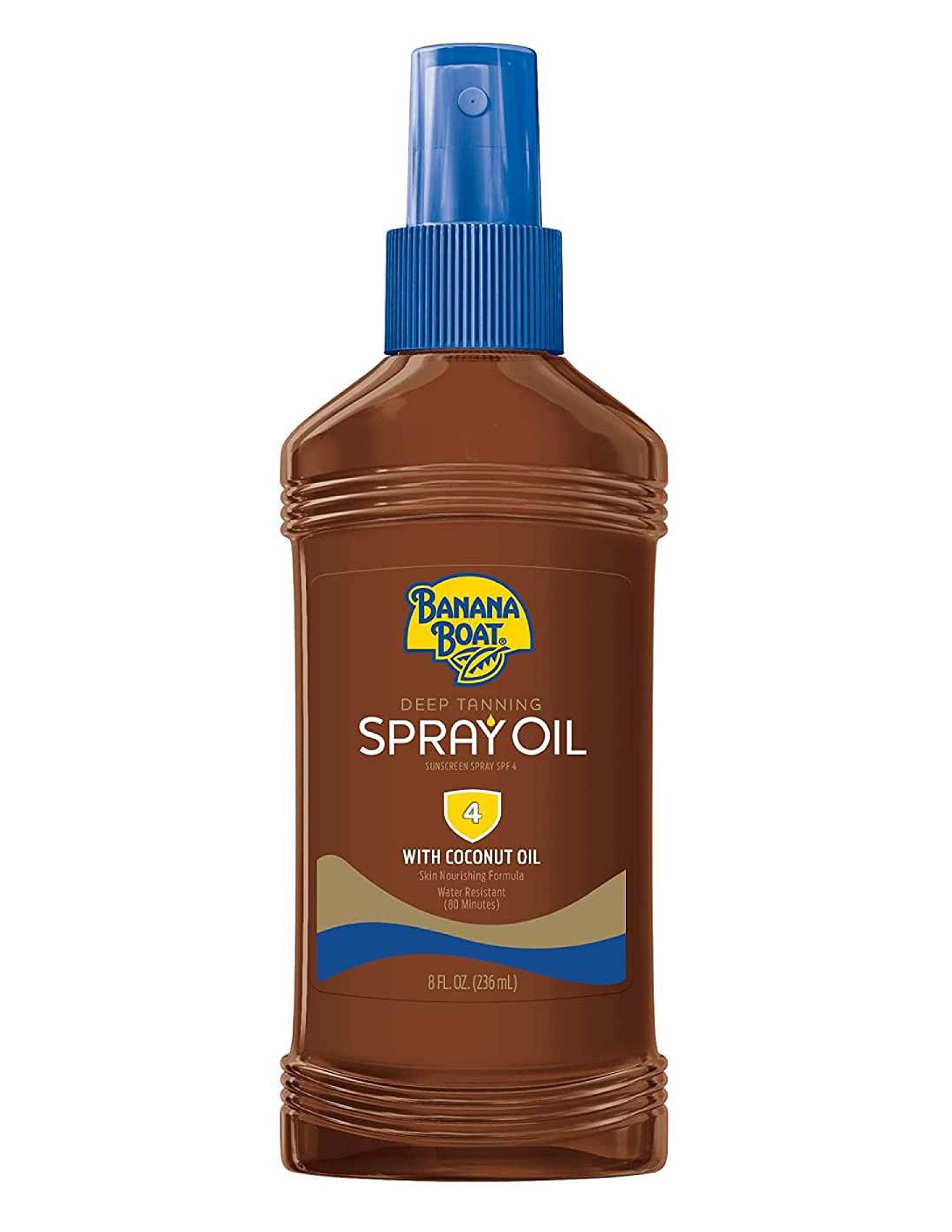 Close-up of Banana Boat SPF4 oil label showing water resistance up to 80 minutes.