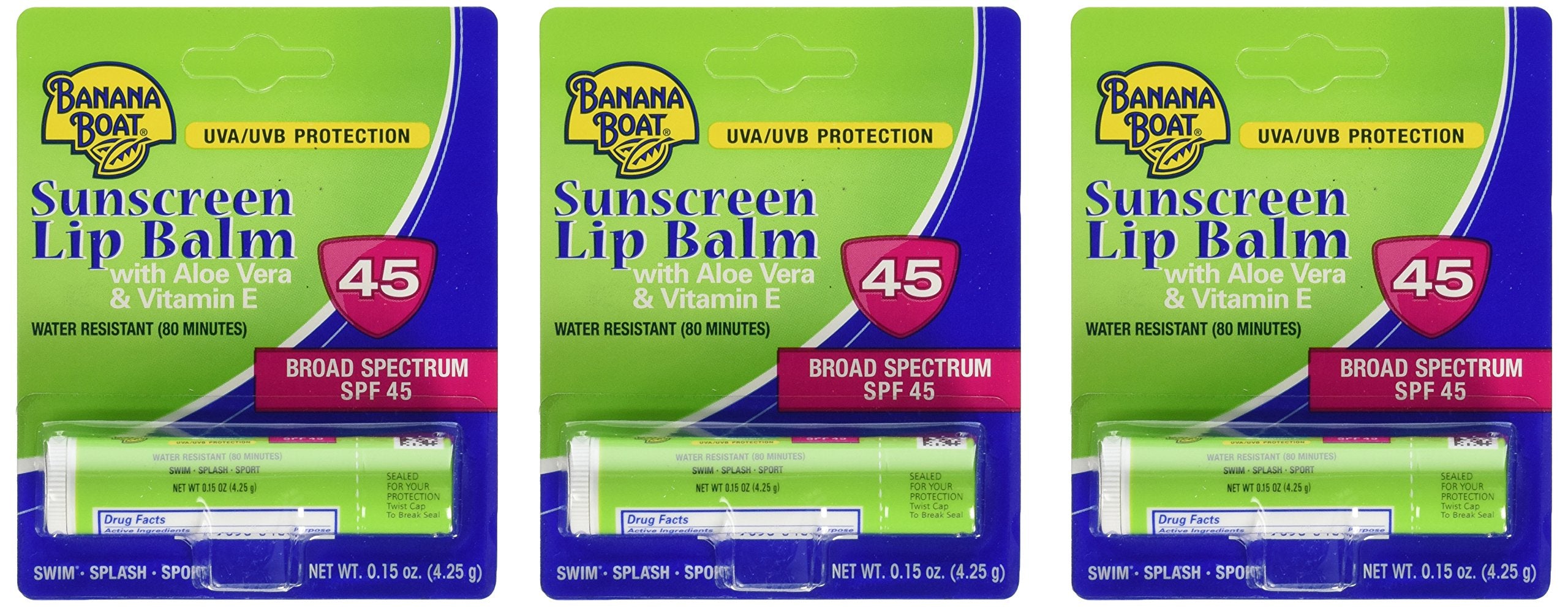Banana Boat SPF45 lip balm 3-pack outer packaging showing convenient travel set