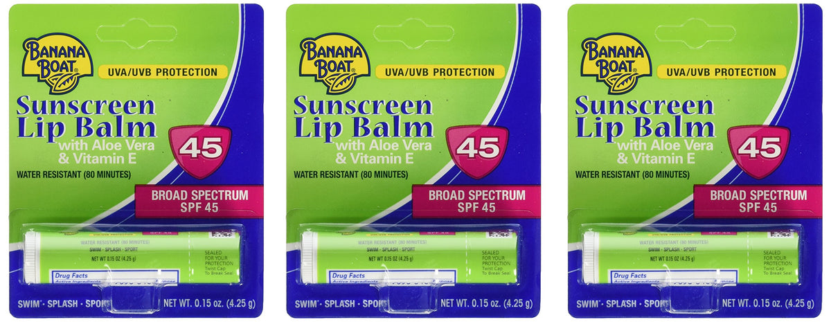 Banana Boat SPF45 lip balm 3-pack outer packaging showing convenient travel set