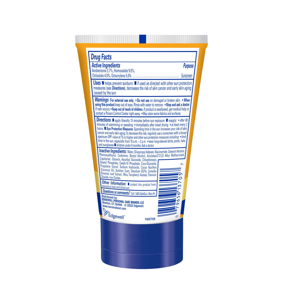 Close-up of Banana Boat SPF 50 travel size bottle for on-the-go protection.