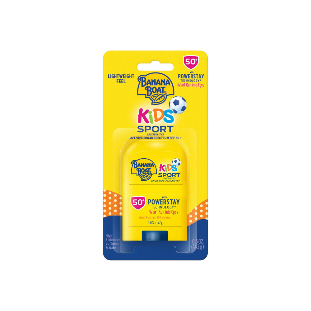 Banana Boat Sport Kids SPF 50 sunscreen stick, front view, travel size for on-the-go protection