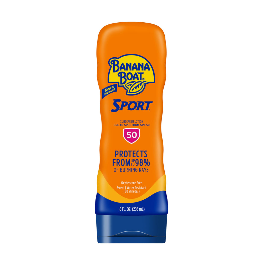 Banana Boat Sport Ultra SPF 50 bottle shown for durable outdoor protection during activity.