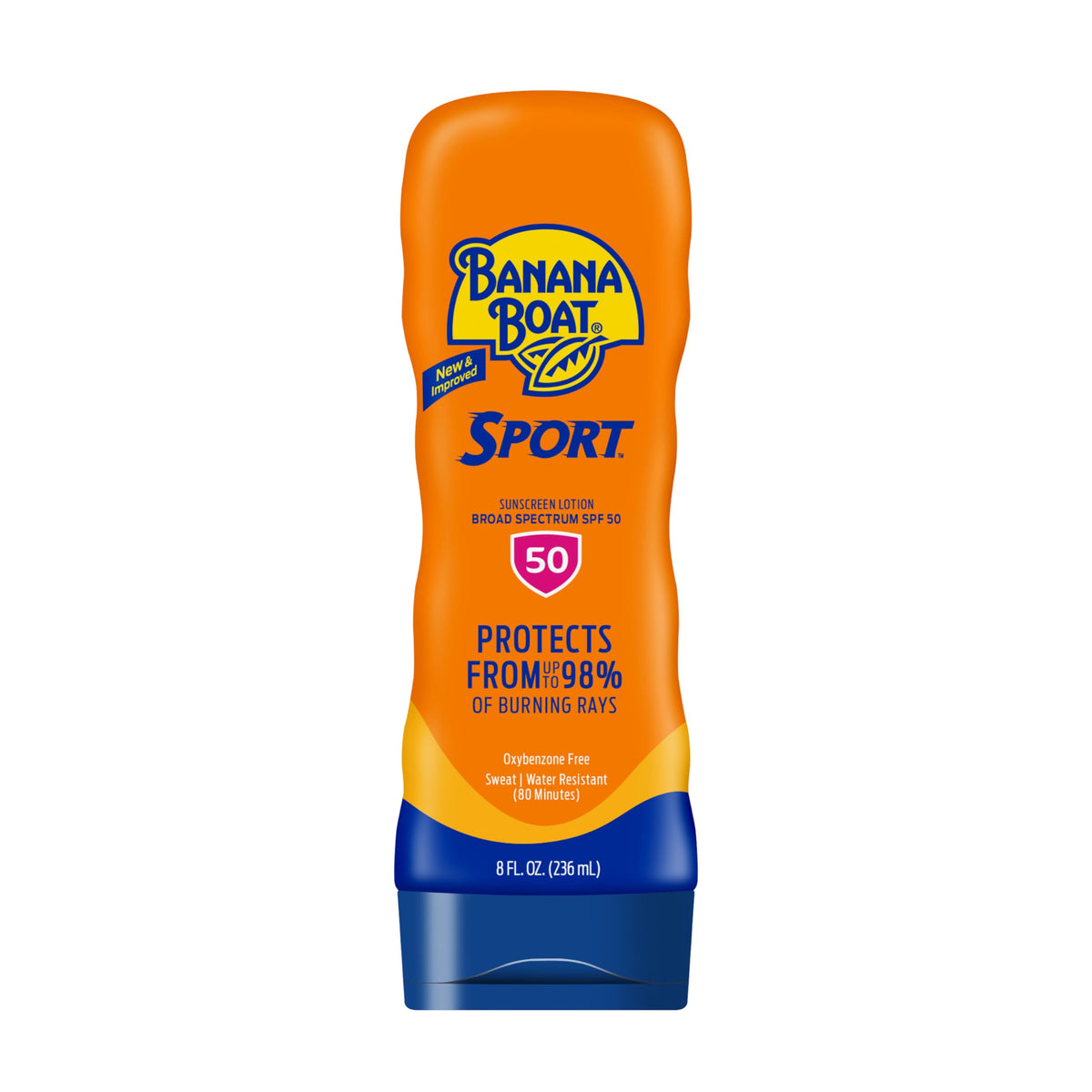 Banana Boat Sport Ultra SPF 50 bottle shown for durable outdoor protection during activity.