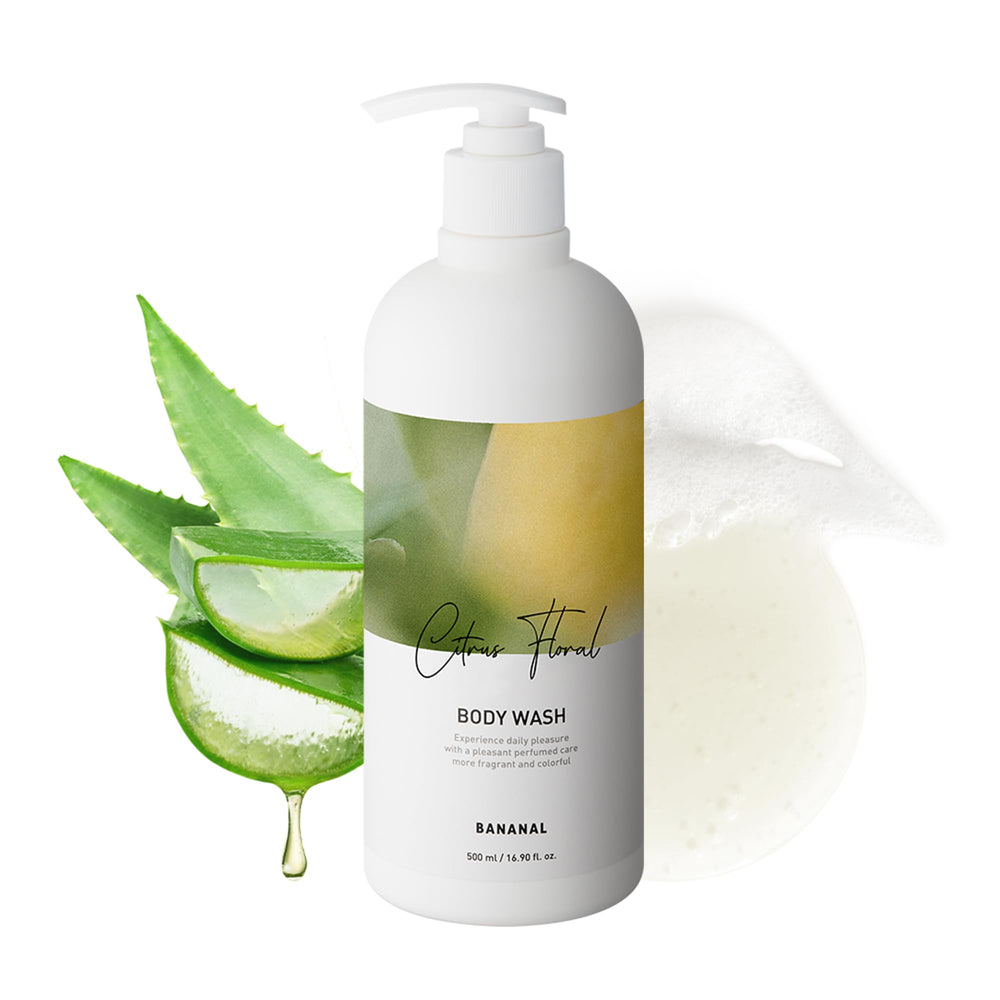 BANANAL Korean Body Wash bottle highlighting hydrating hyaluronic acid and aloe for daily moisture.