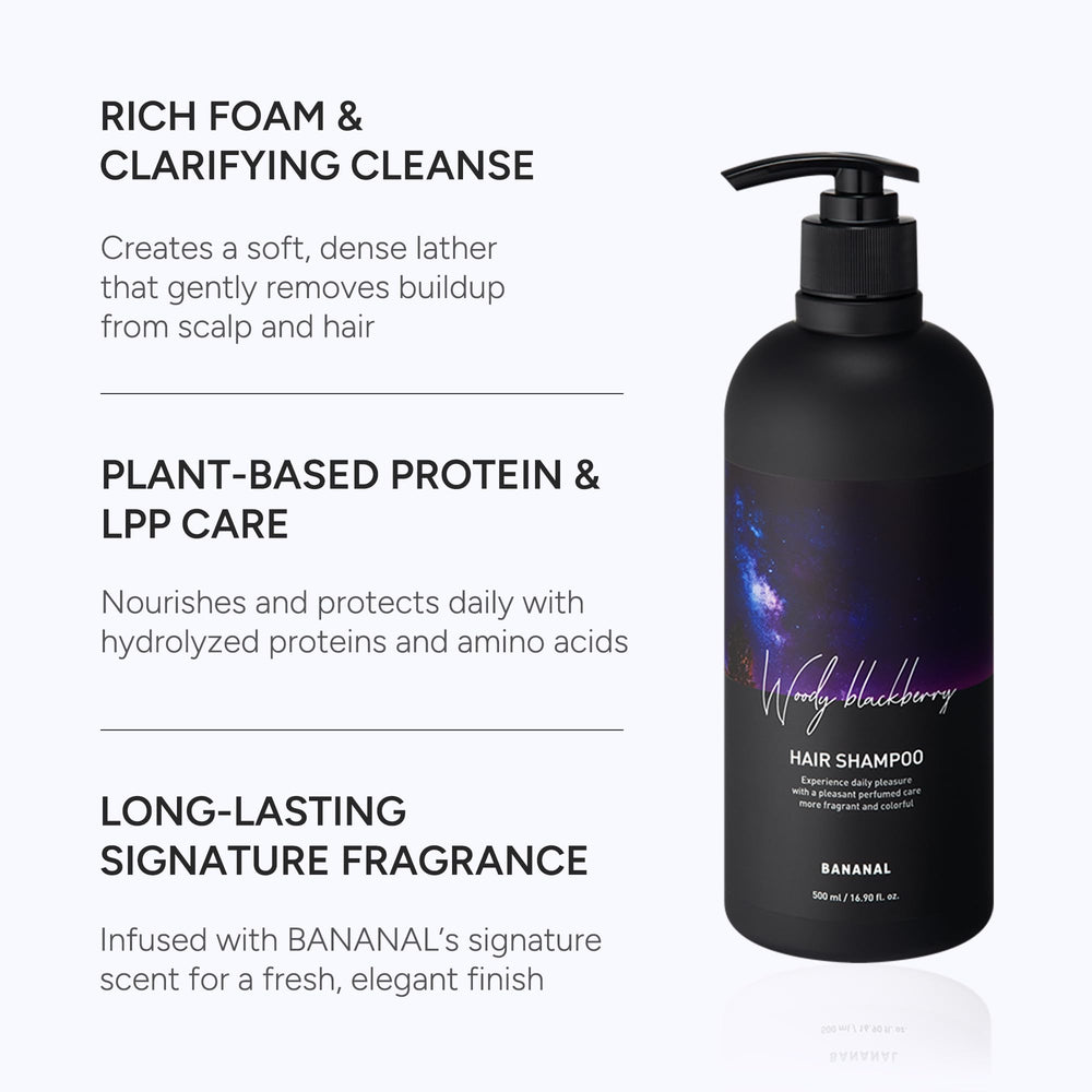BANANAL Korean Rosemary Shampoo bottle label highlighting a clean, sulfate-free formula for color-treated hair.