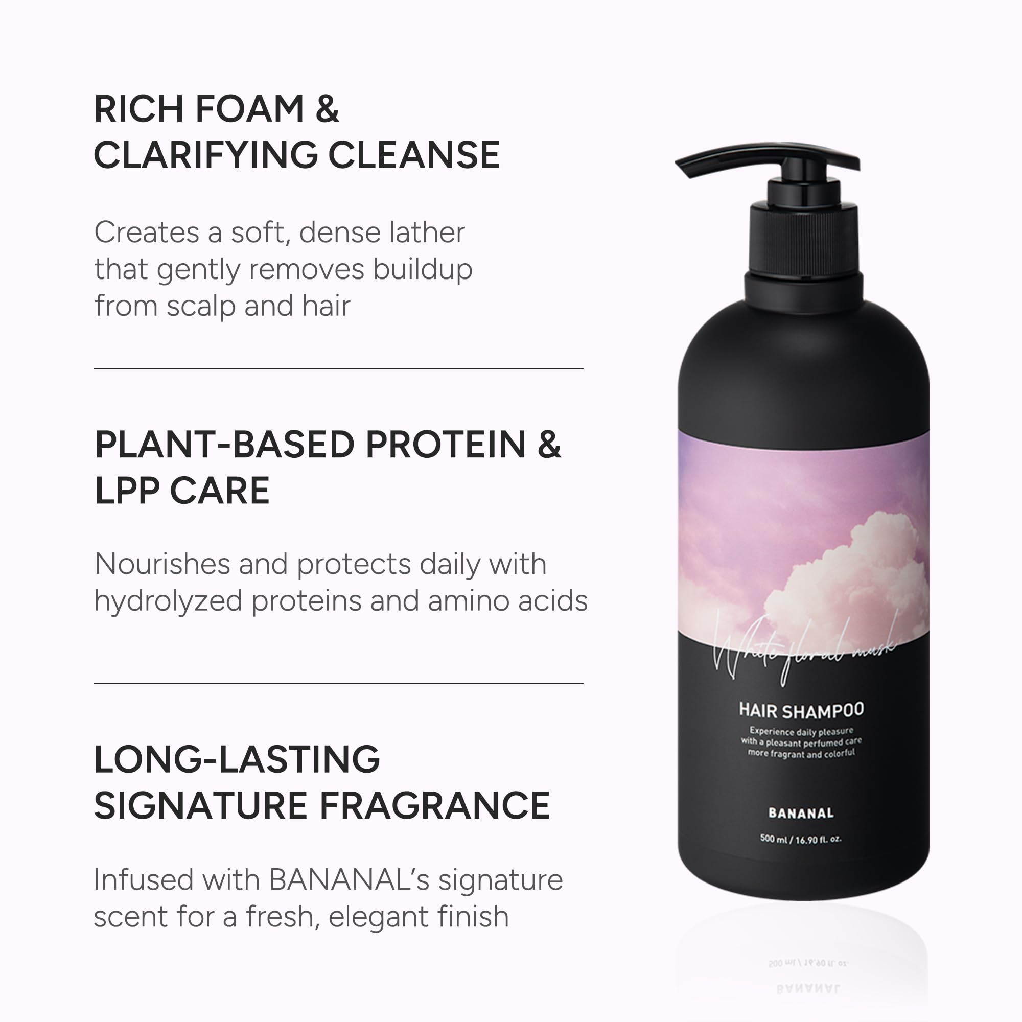 BANANAL Korean Rosemary Shampoo foam close-up highlights rich lather for daily use.