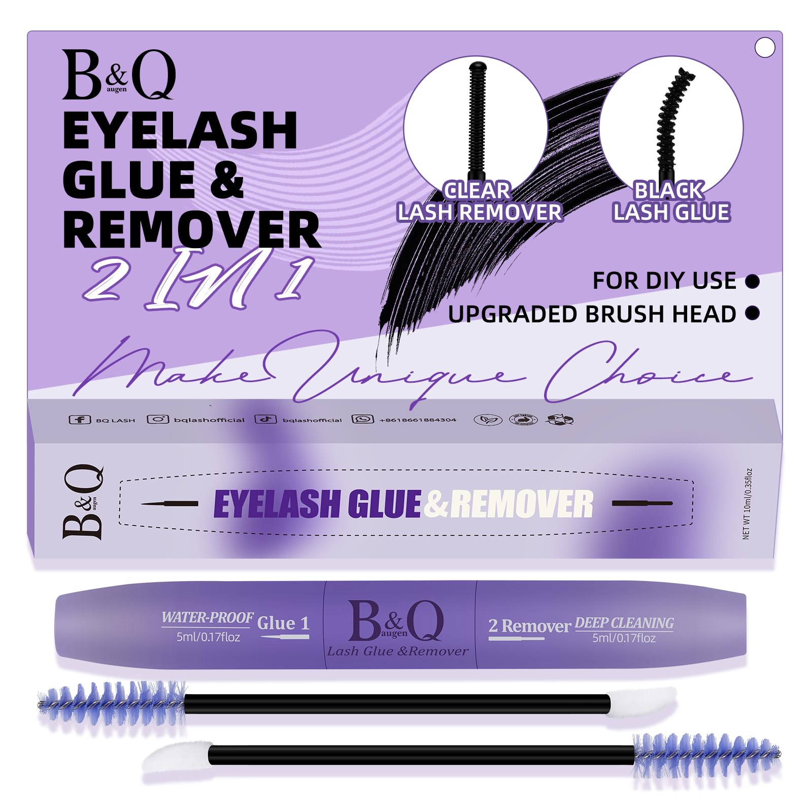 B&Qaugen Lash Remover shown beside oil-based formula for easy, residue-free removal.