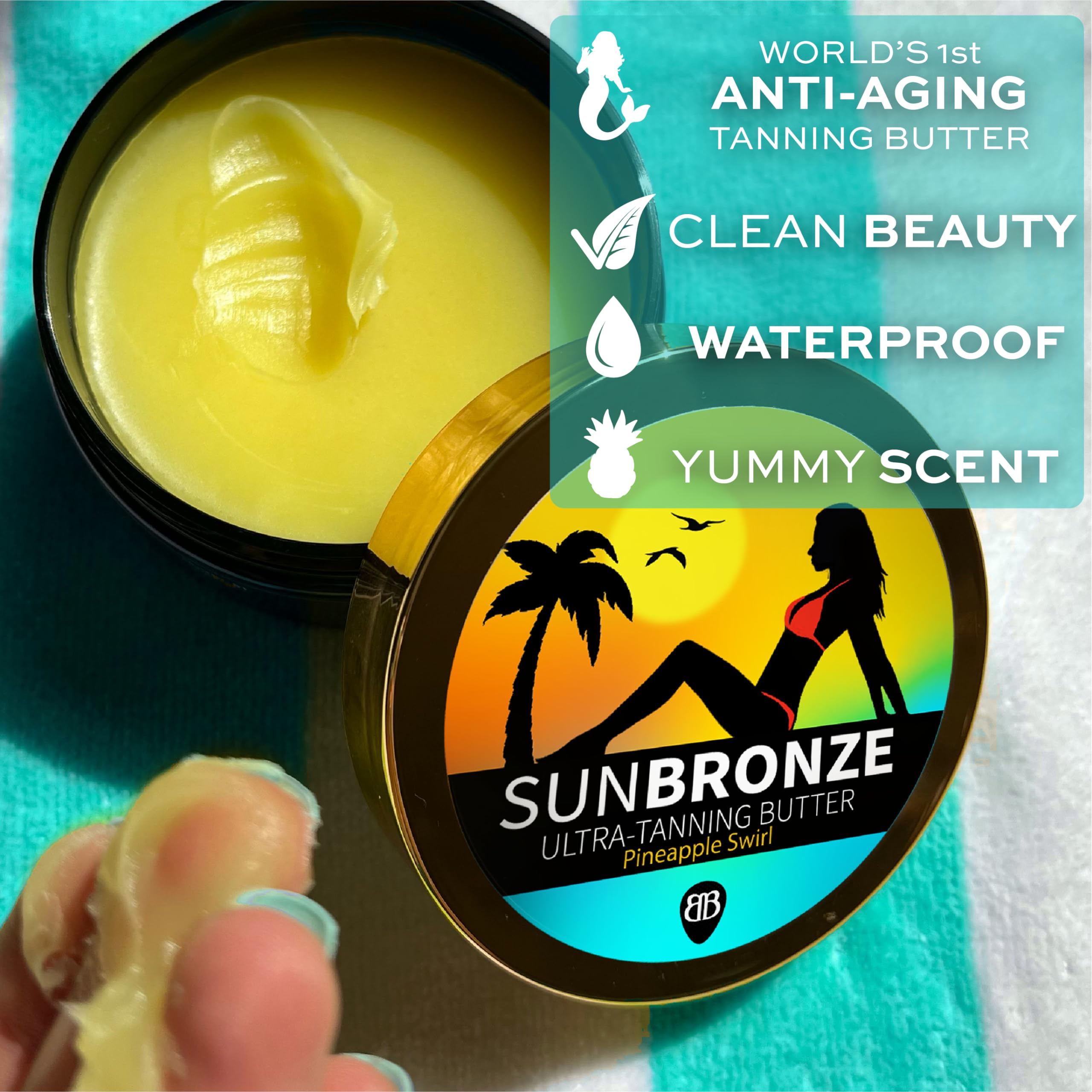Bangberry Original Sun Bronze Butter poolside scene highlights tropical scent and glow