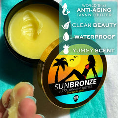 Bangberry Original Sun Bronze Butter poolside scene highlights tropical scent and glow