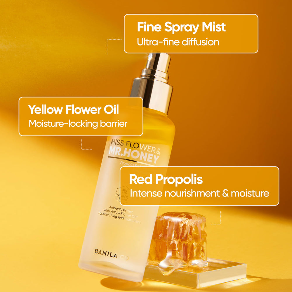 BANILA CO Miss Flower & Mr Honey ampoule mist texture close-up shows light hydration
