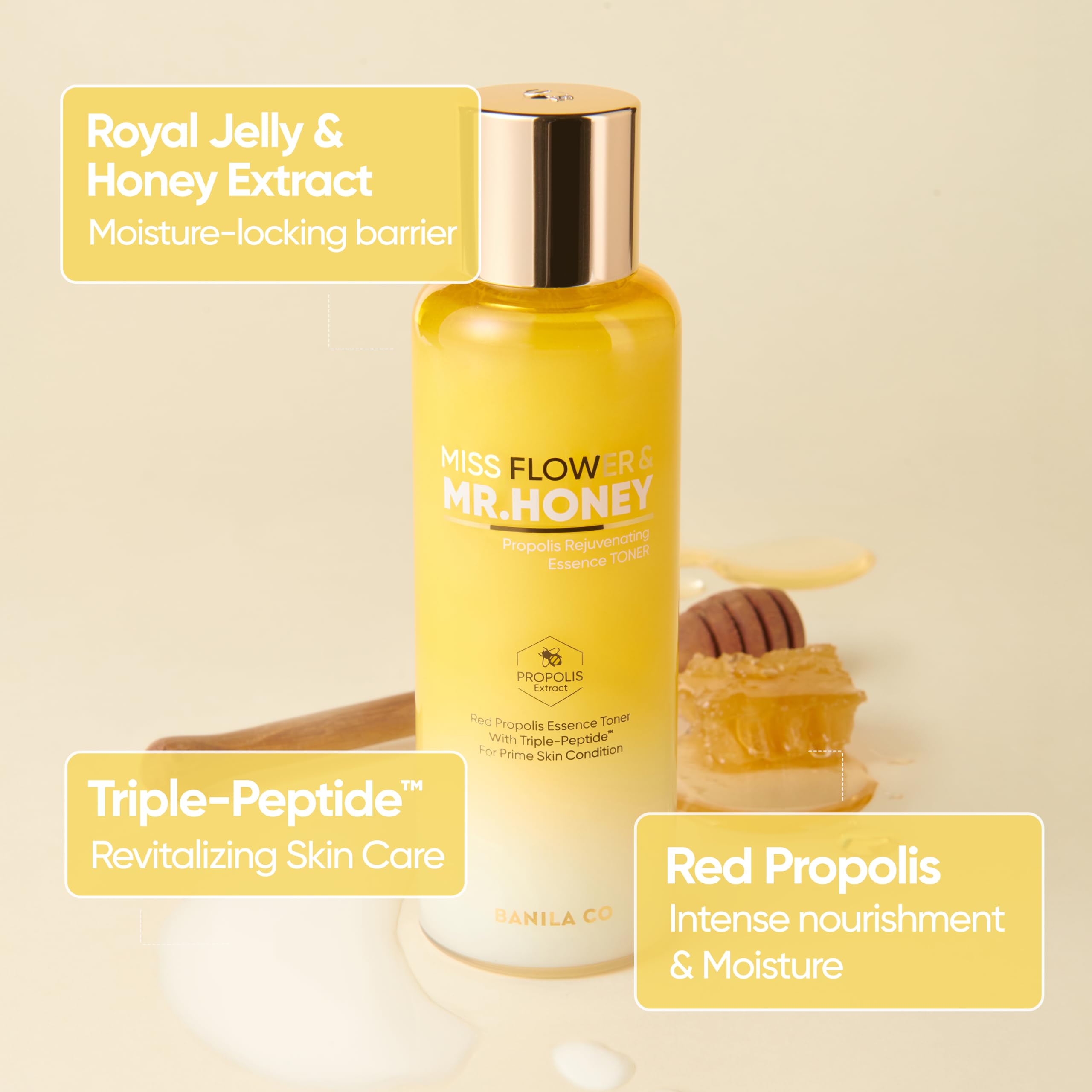 Texture drop from BANILA CO Miss Flower and Mr Honey Propolis Toner on skin—quick absorption and cooling feel.