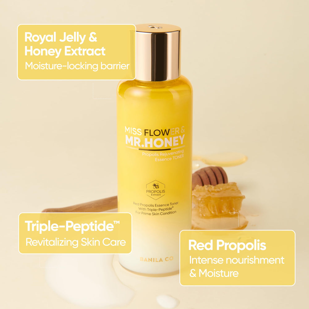 Texture drop from BANILA CO Miss Flower and Mr Honey Propolis Toner on skin—quick absorption and cooling feel.
