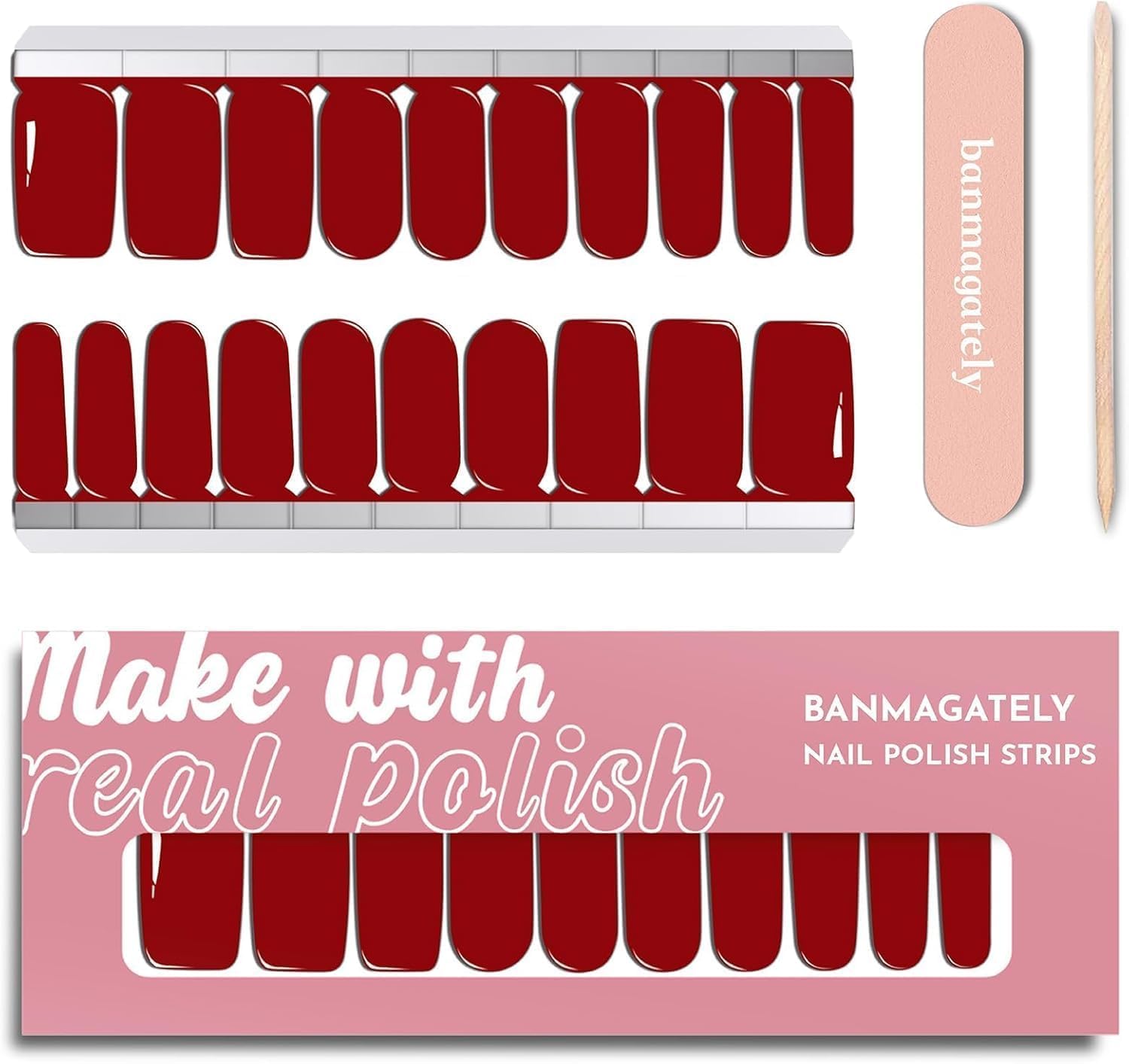 Banmagately red nail polish strips 20-piece set for at-home salon-quality nails with long-lasting shine.