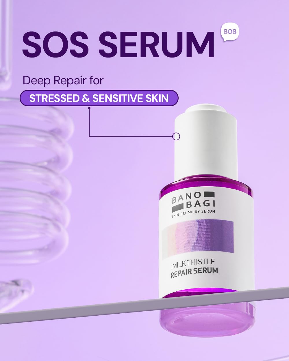 Illustration highlights BANOBAGI Milk Thistle Repair Serum ingredients: milk thistle and burdock root