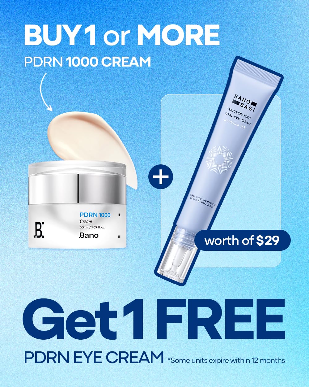 Clinical proof badge on Banobagi PDRN Eye Cream indicating reduced visible aging signs