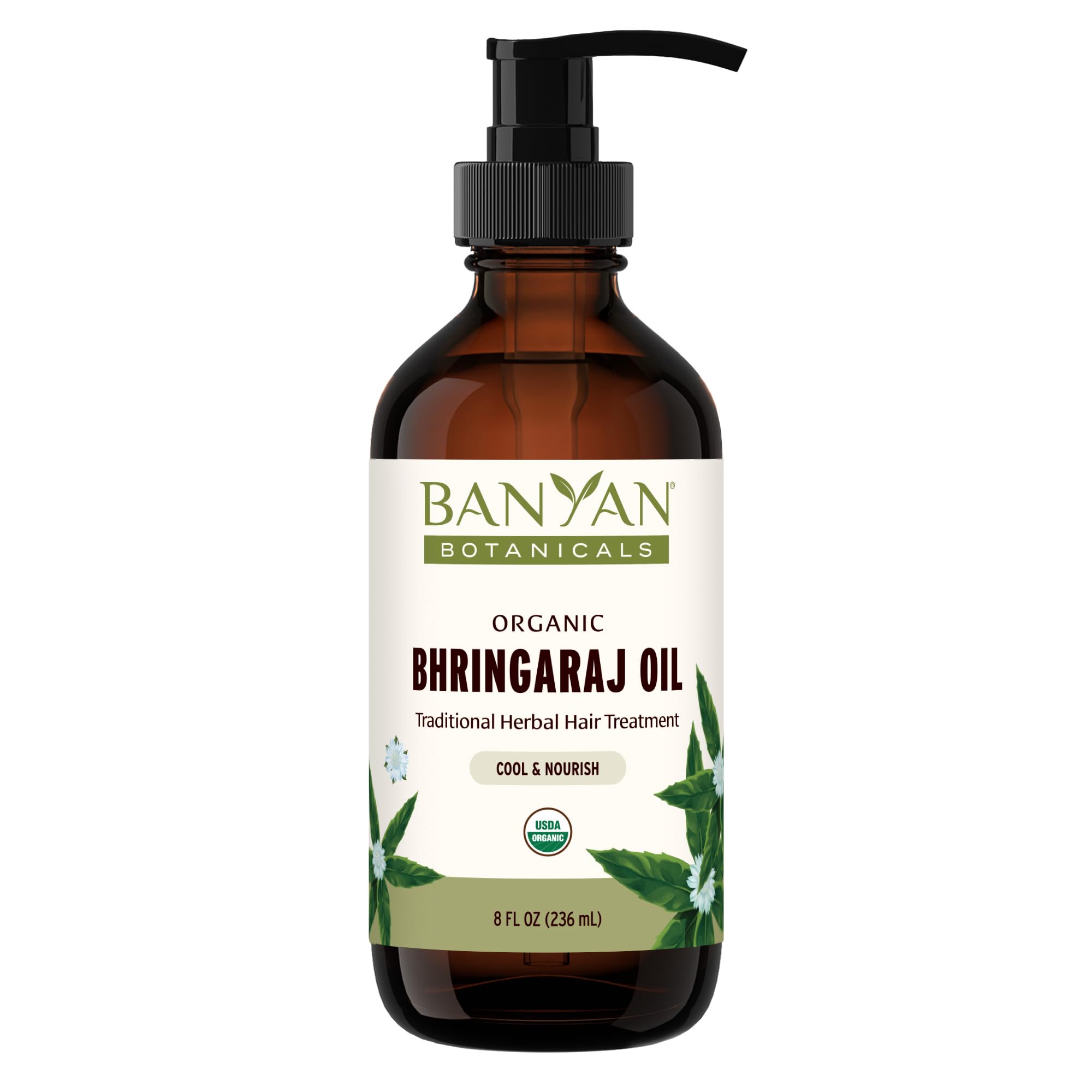 Banyan Botanicals Bhringaraj oil bottle for daily scalp nourishment.