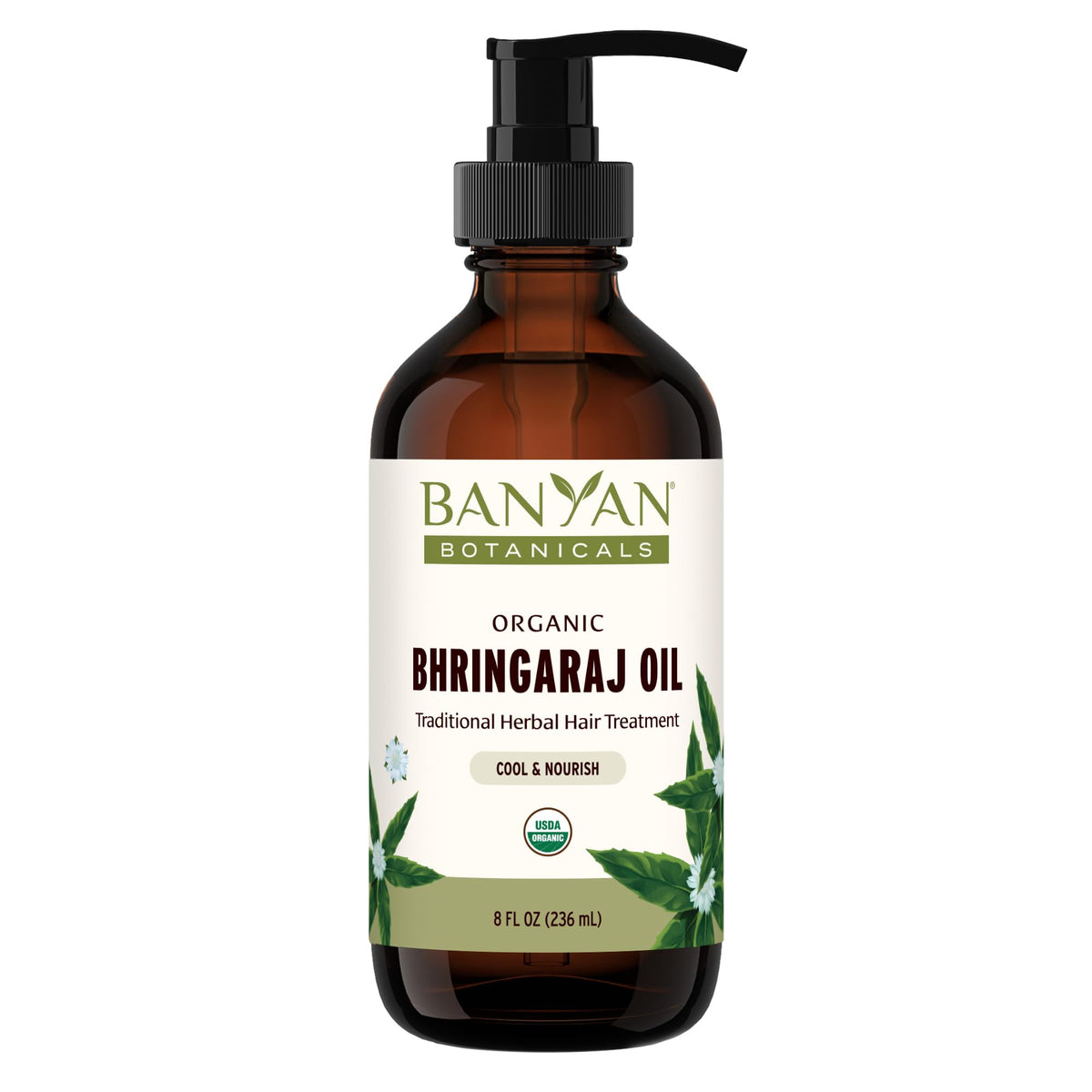 Banyan Botanicals Bhringaraj oil bottle for daily scalp nourishment.
