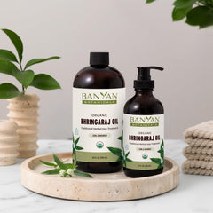 Sesame-based Banyan Botanicals Bhringaraj oil highlights nourishing blend for hair care.