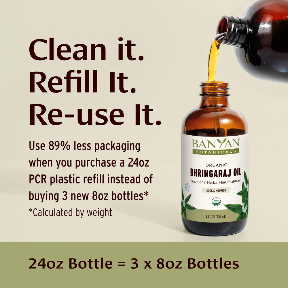 Hair strands with Banyan Botanicals Bhringaraj oil for shine and care.