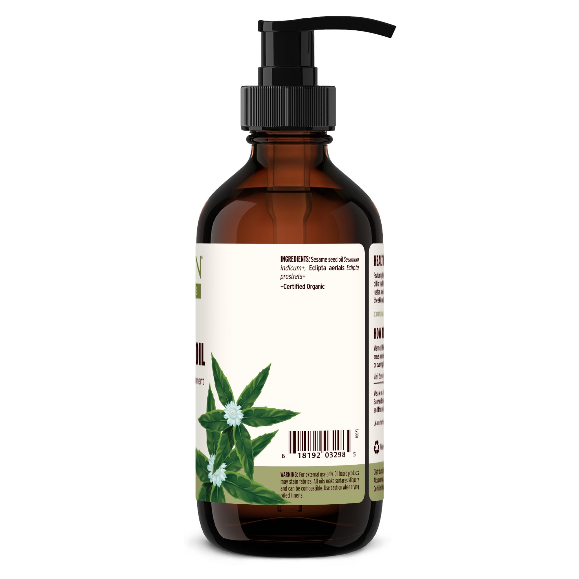 Eco-friendly packaging and fair trade symbol on Banyan Botanicals oil.
