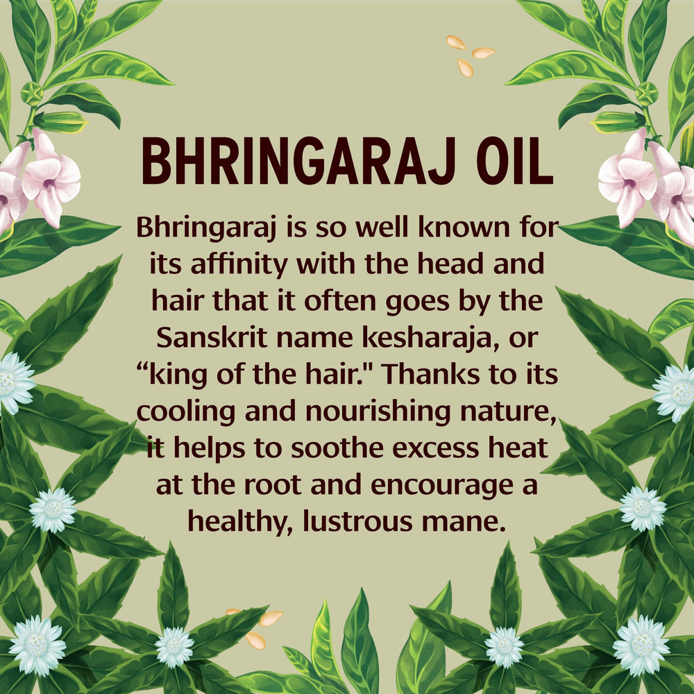 Banyan Botanicals Bhringaraj oil massaged into the scalp for a soothing routine.