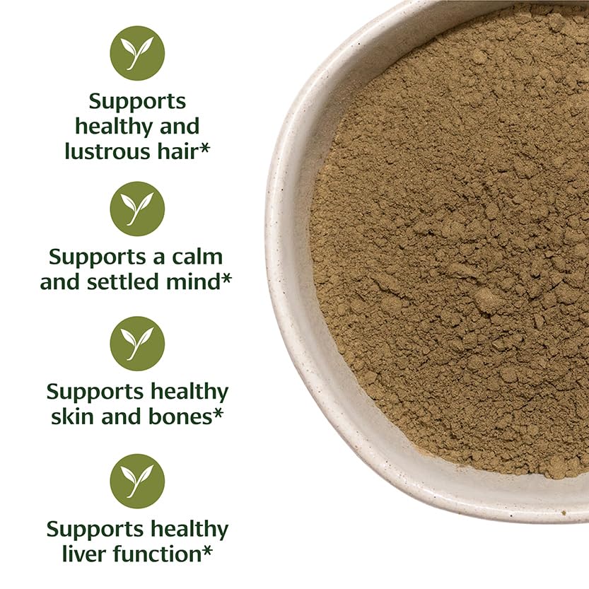 Close-up of Banyan Botanicals Bhringaraj powder texture for organic quality