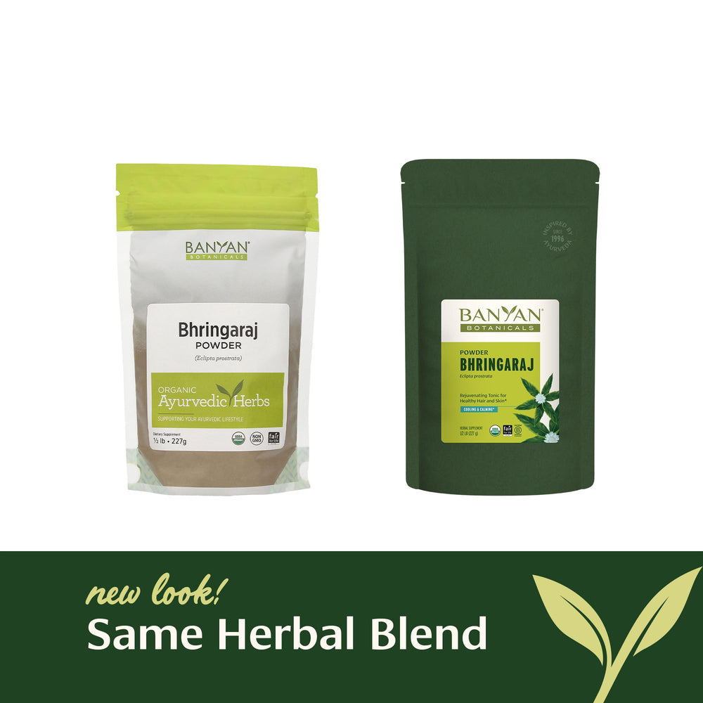 Banyan Botanicals Bhringaraj powder in hair care routine promoting shine