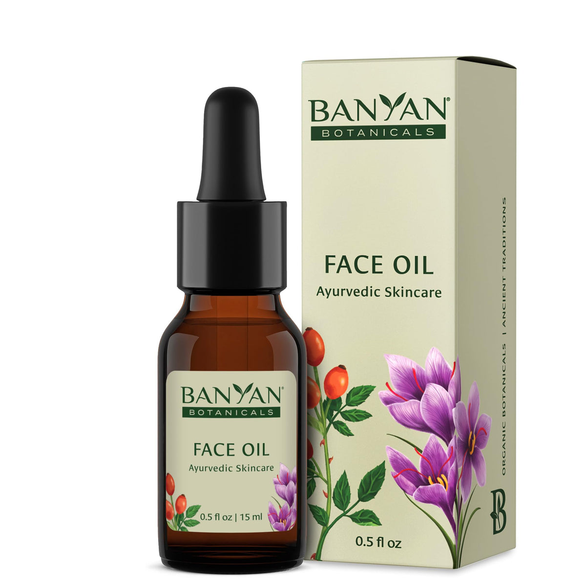 Banyan Botanicals Face Oil bottle close-up with rosehip and jojoba for radiant skin.