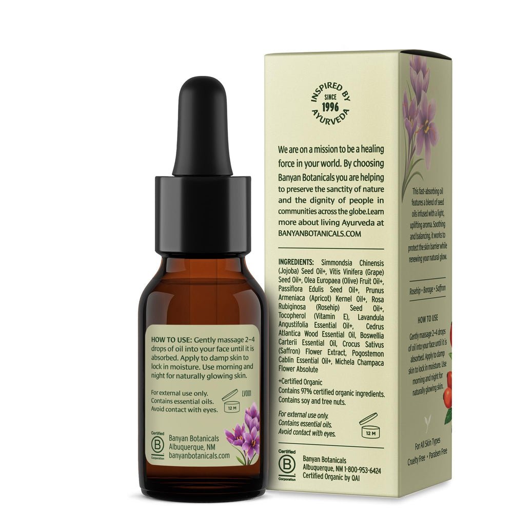 Banyan Botanicals Face Oil dropper texture showing fast absorption and non-greasy feel.
