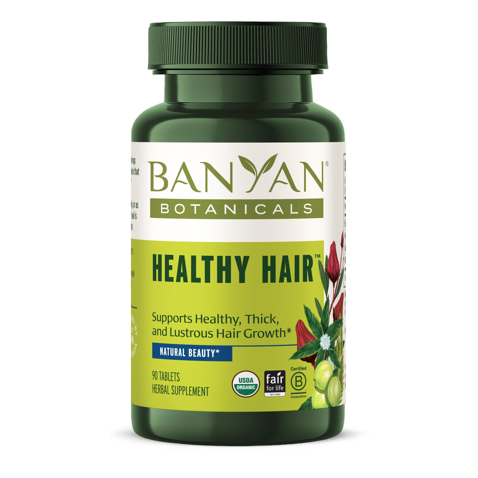 Banyan Botanicals Healthy Hair Tablets bottle shows vegan and organic hair support benefits