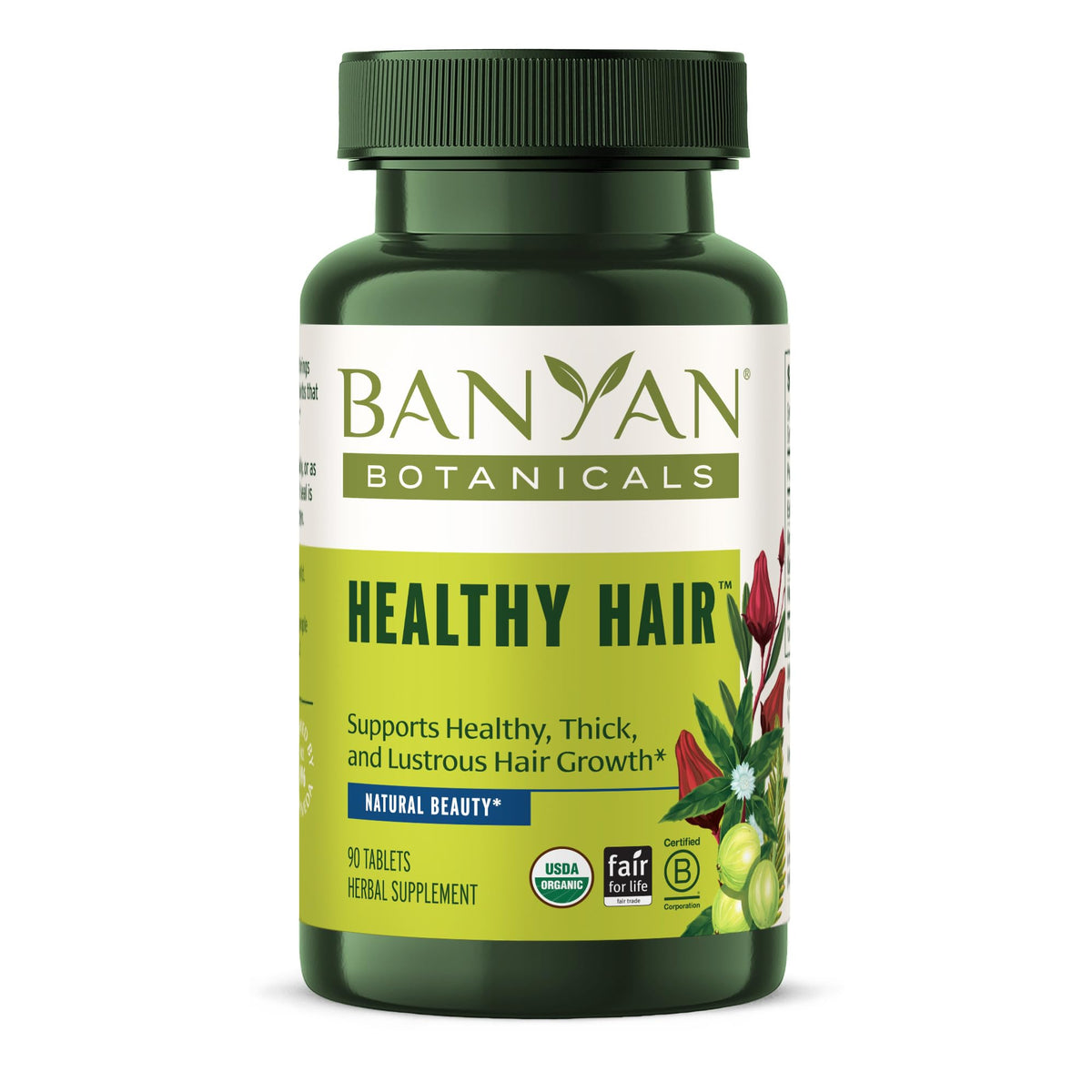 Banyan Botanicals Healthy Hair Tablets bottle shows vegan and organic hair support benefits