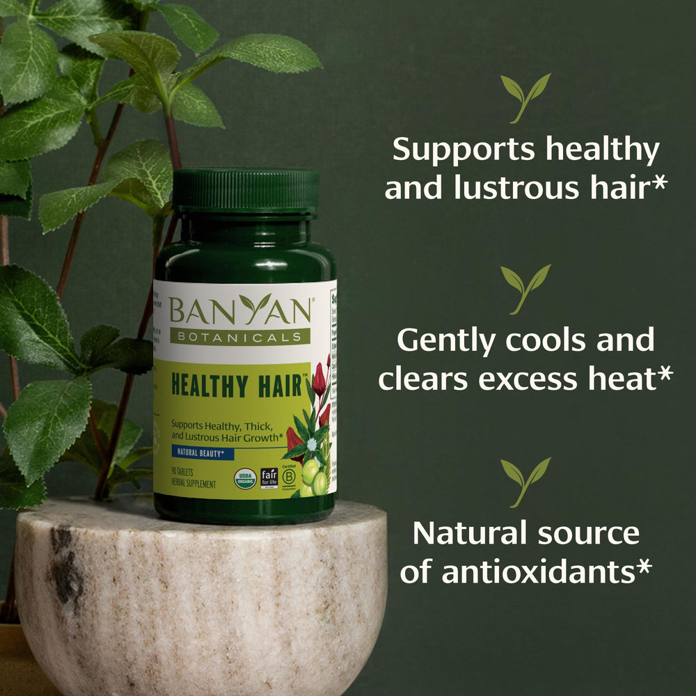 Close-up of Banyan Botanicals label highlighting Ayurvedic blend and organic certification for quality