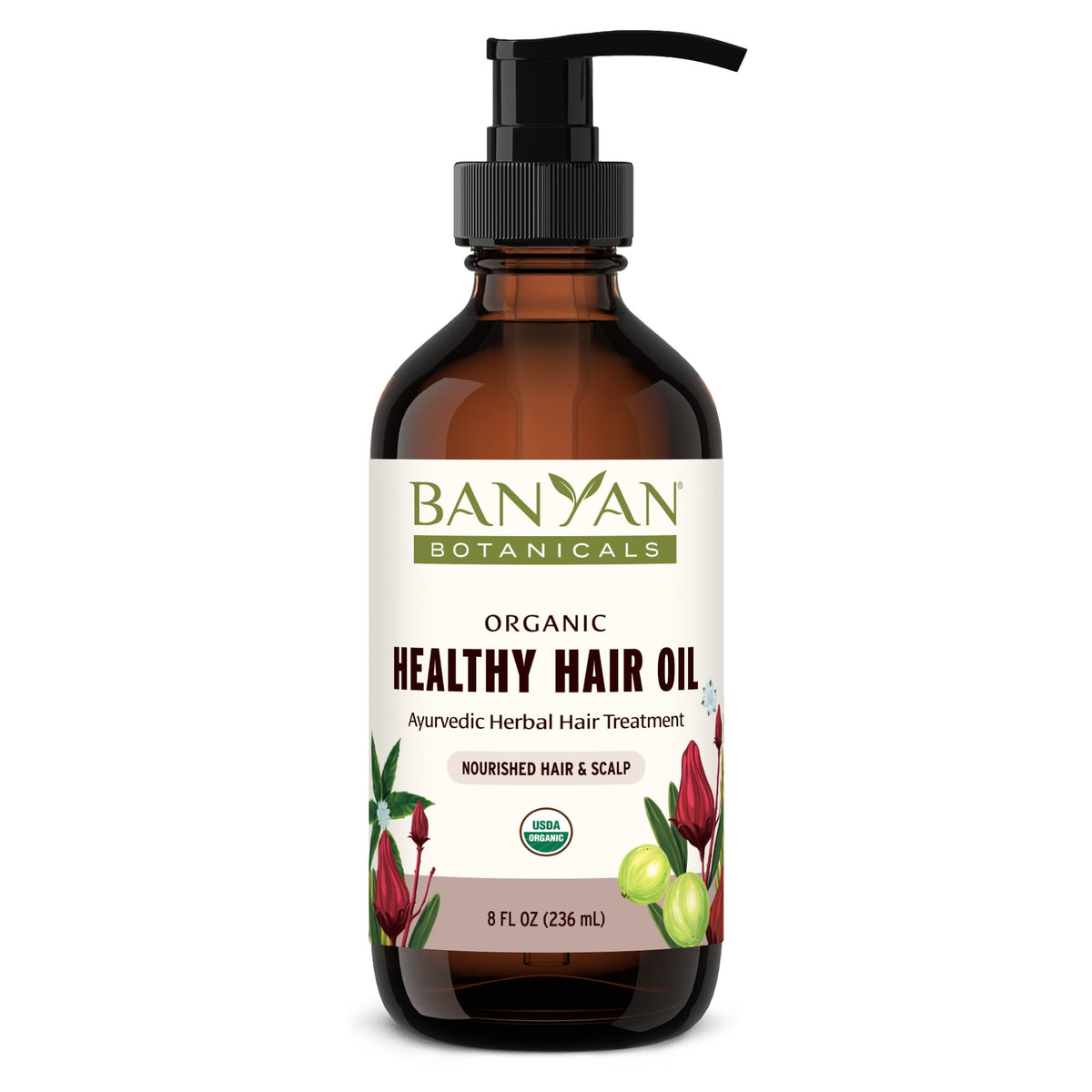 Banyan Botanicals Organic Hair Oil bottle pour demonstrates easy scalp care.