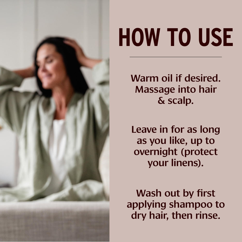 Banyan Botanicals Organic Hair Oil drops on hand suggests easy scalp massage routine.