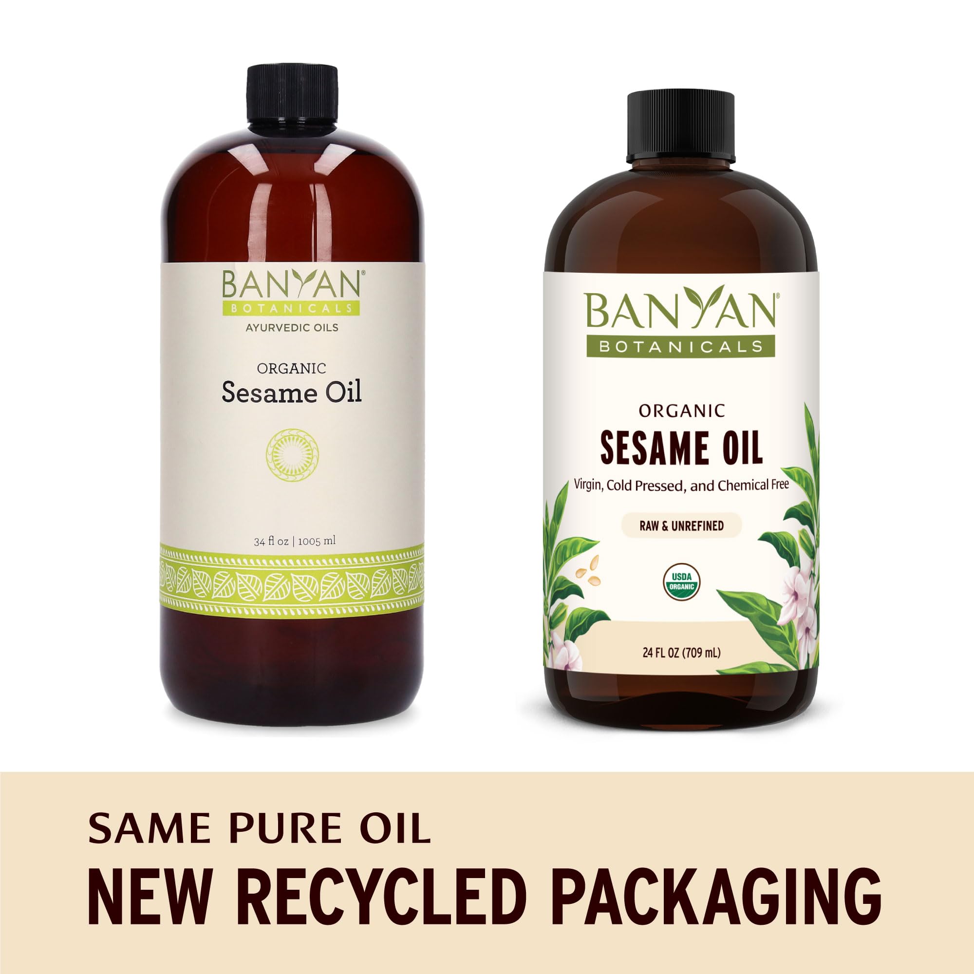 Banyan Botanicals sesame oil being poured for easy application.