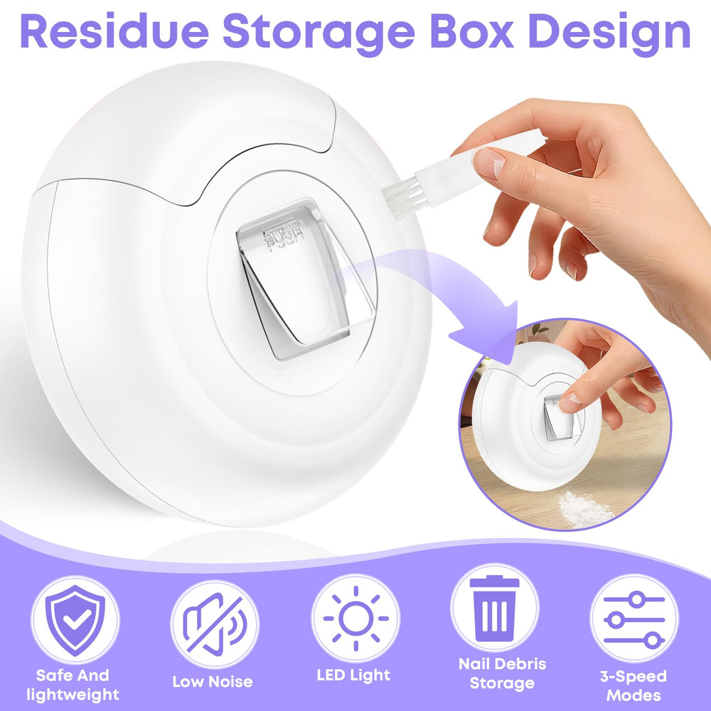 Baopilong built-in debris bin keeps nails contained and tidy.
