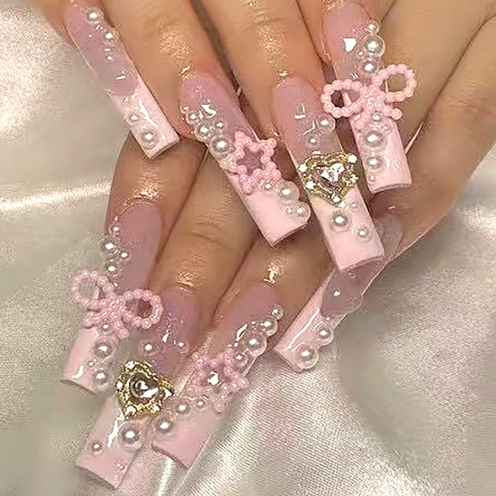 Baoyaalin cute press-on nails in pink long square with 3D rhinestones for wedding glam.