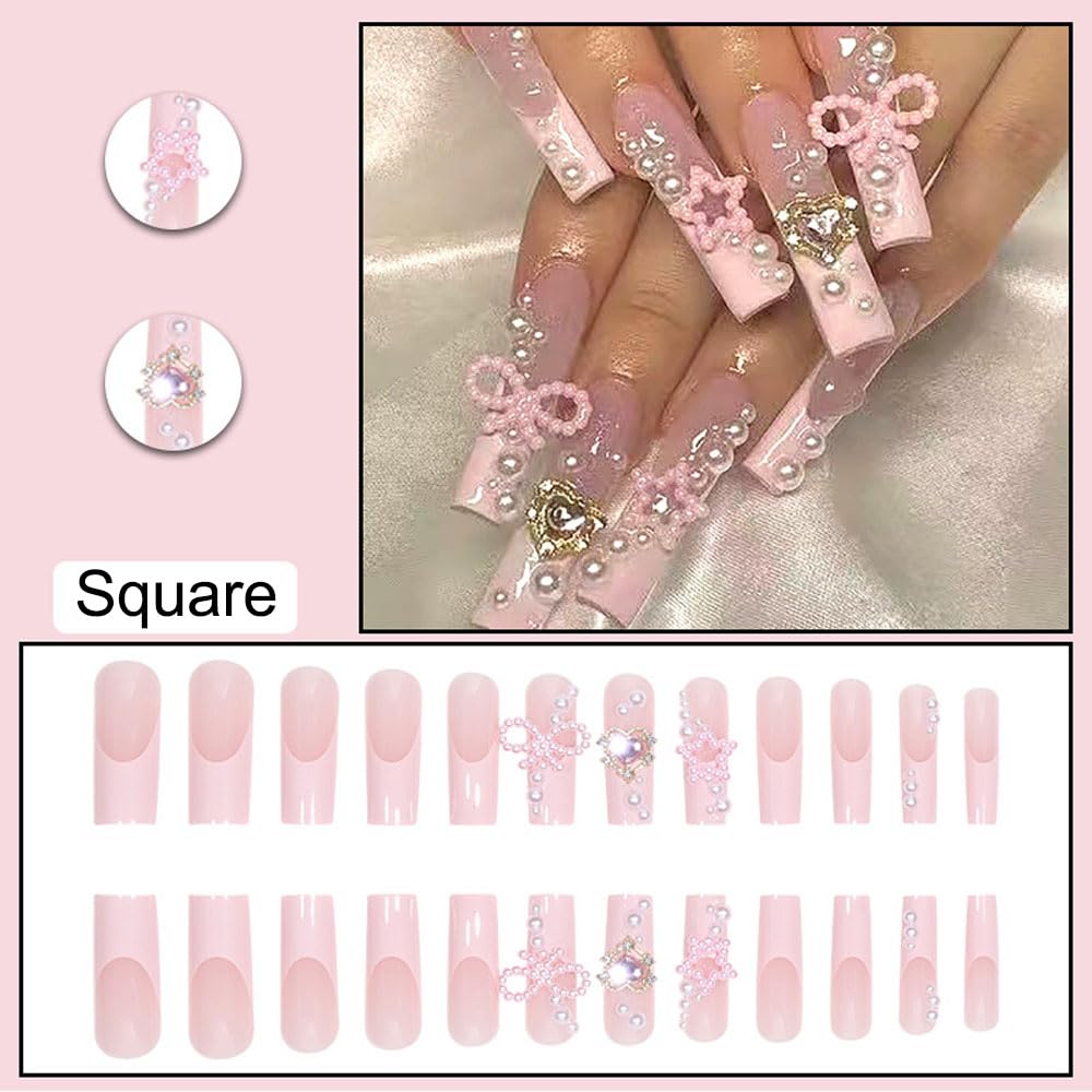 Baoyaalin pink Y2K nails with pearls for stylish daily wear.
