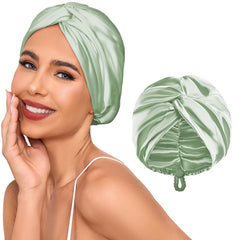 Baqzqudnl adjustable silk satin bonnet in green with a clasp for a gentle, mark-free fit.