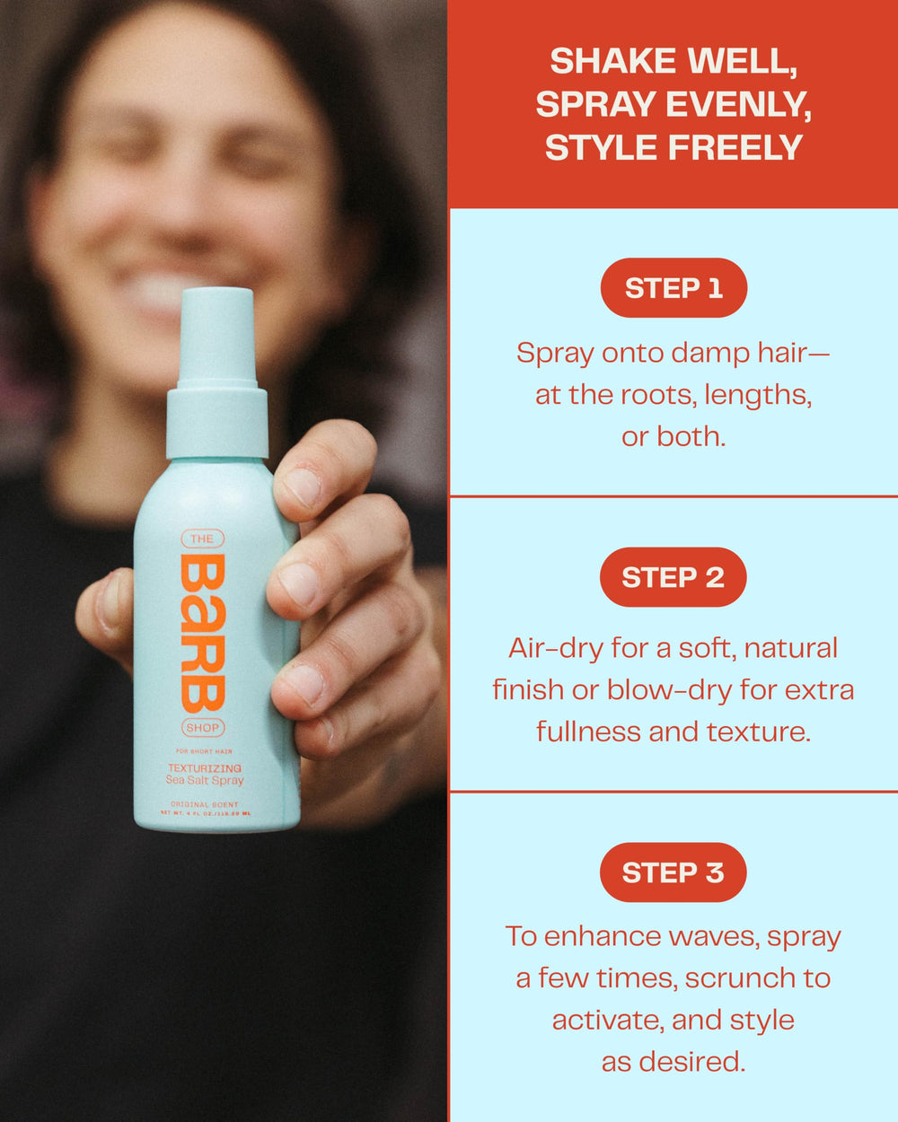 Barb Sea Salt Spray soft-matte-finish delivers casual texture for everyday looks.