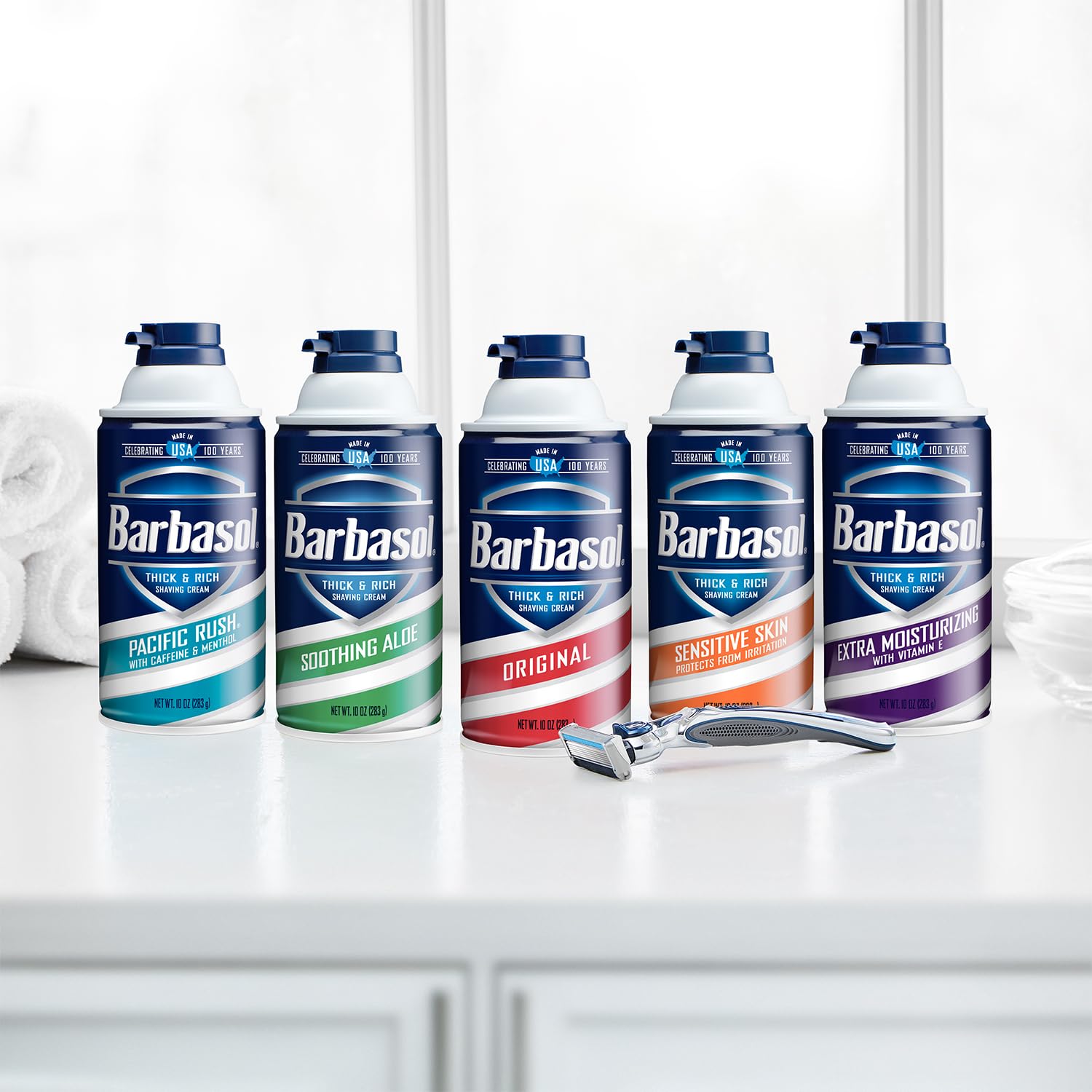 Barbasol Original display packaging highlighting a classic American shaving tradition.