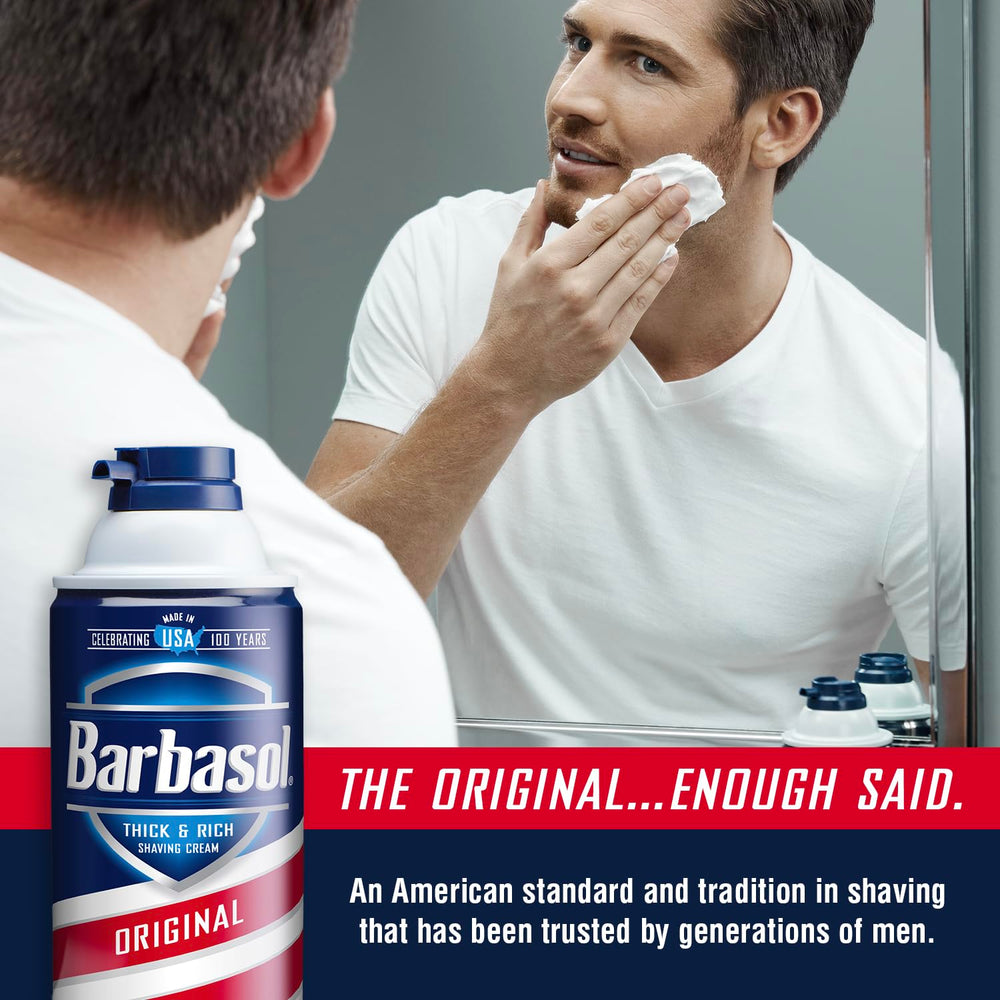 Barbasol Original morning shave setup, quick lather for refreshed skin.