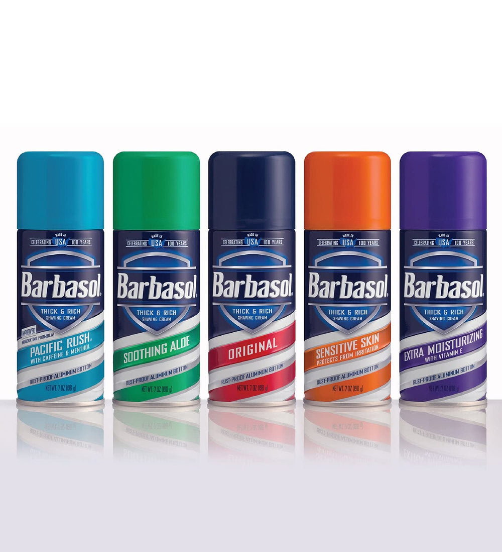 Barbasol Pacific Rush application highlights protective shave with moisturizing foam.