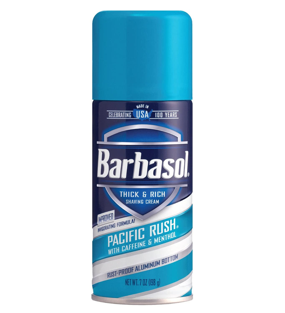 Barbasol Pacific Rush shave cream can front for a smooth shave.