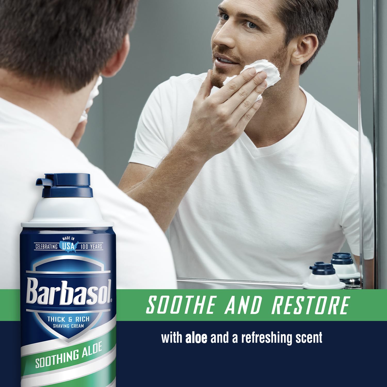 Barbasol Soothing Aloe 10oz can in a 12-pack emphasizing long-lasting supply.
