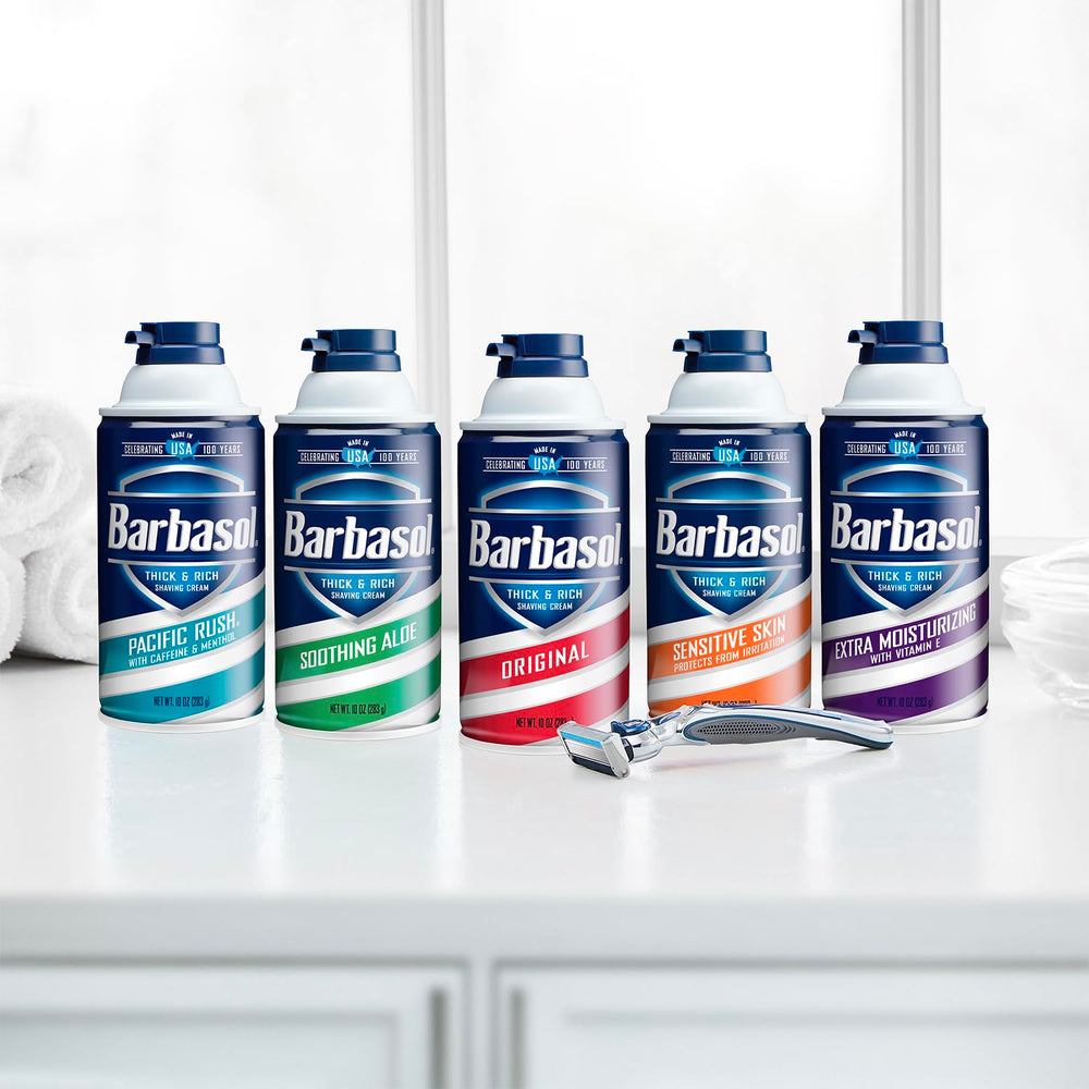 Barbasol Soothing Aloe bottle label highlighting paraben-free, dye-free formula.