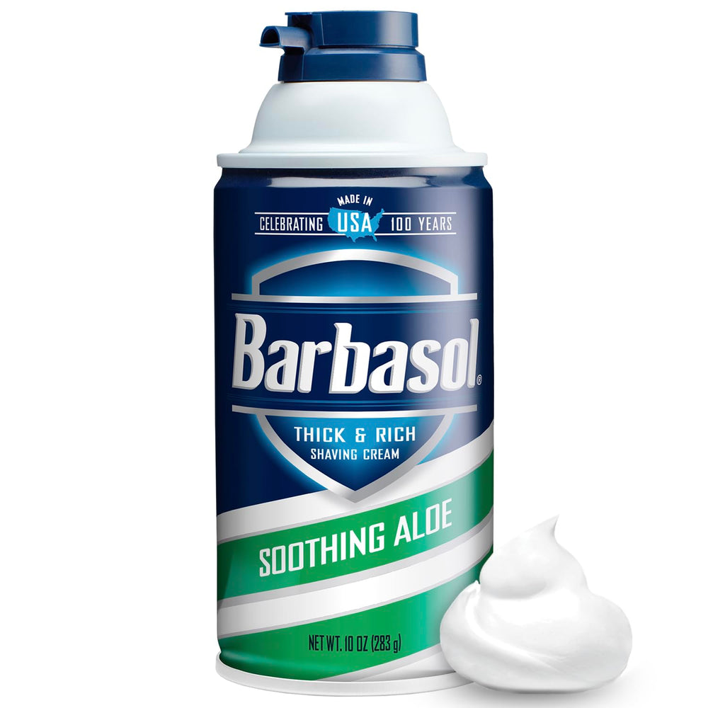 Barbasol Soothing Aloe hydrating lather being applied on skin for a comfortable shave.