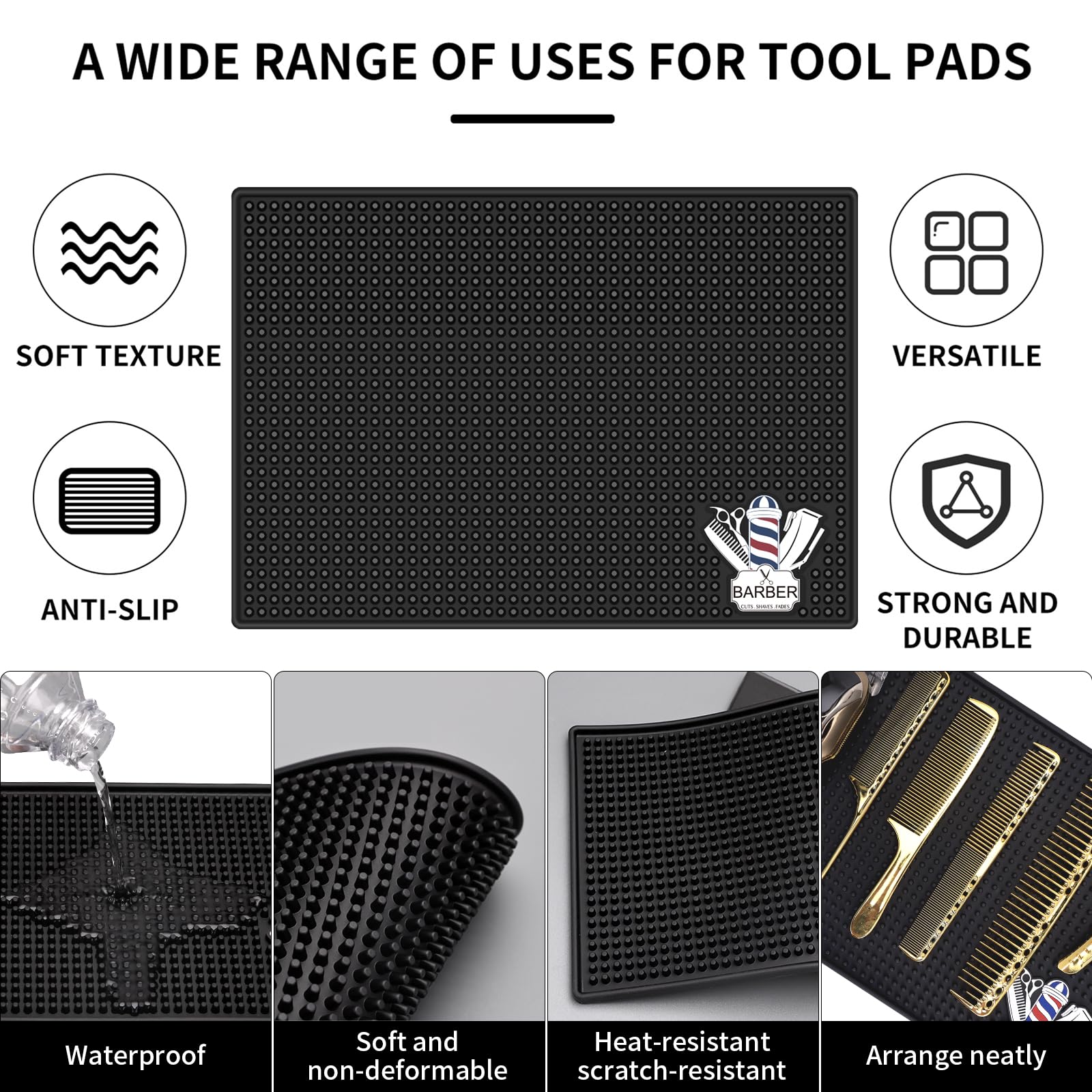 BARBERTOP anti-slip dots surface keeps tools clean and stable during busy routines