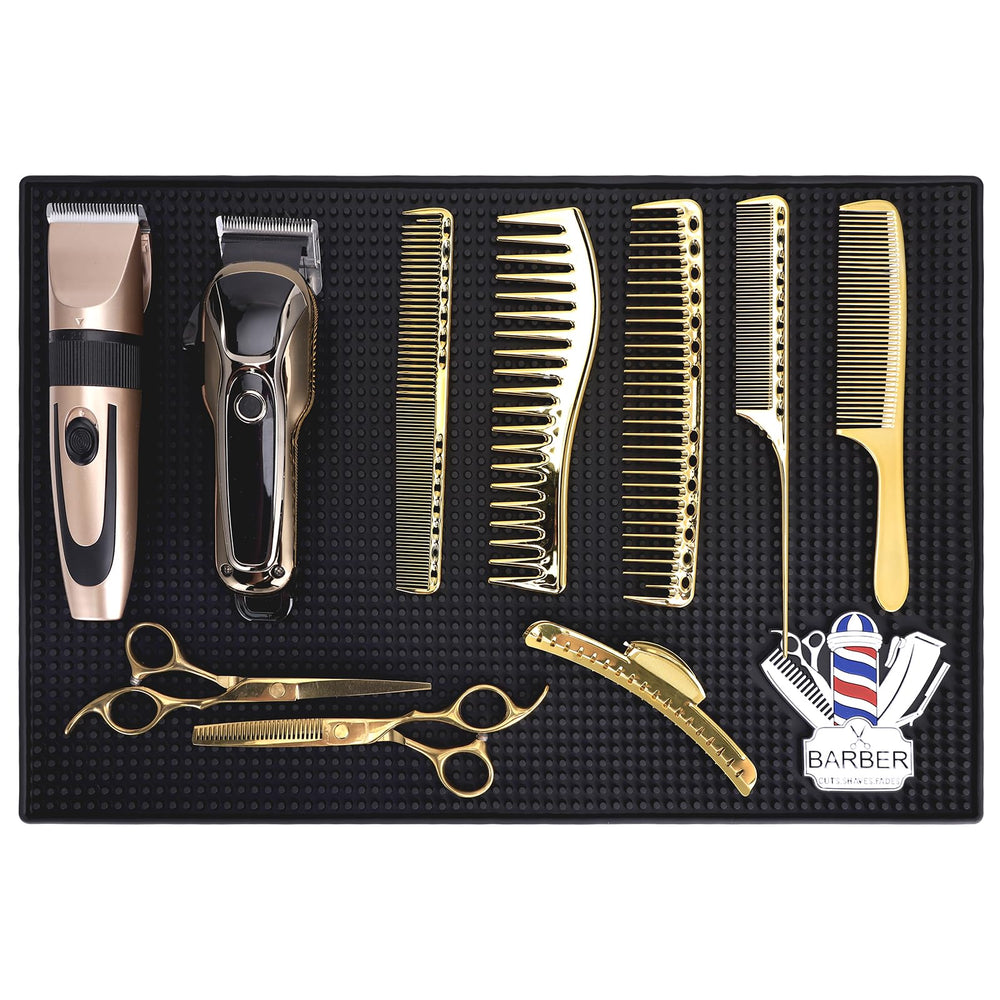 BARBERTOP organizer mat holds clippers, scissors, combs for a tidier workstation